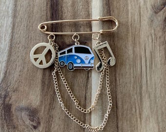 Enamel bus and peace sign pin brooch clip badge Gift