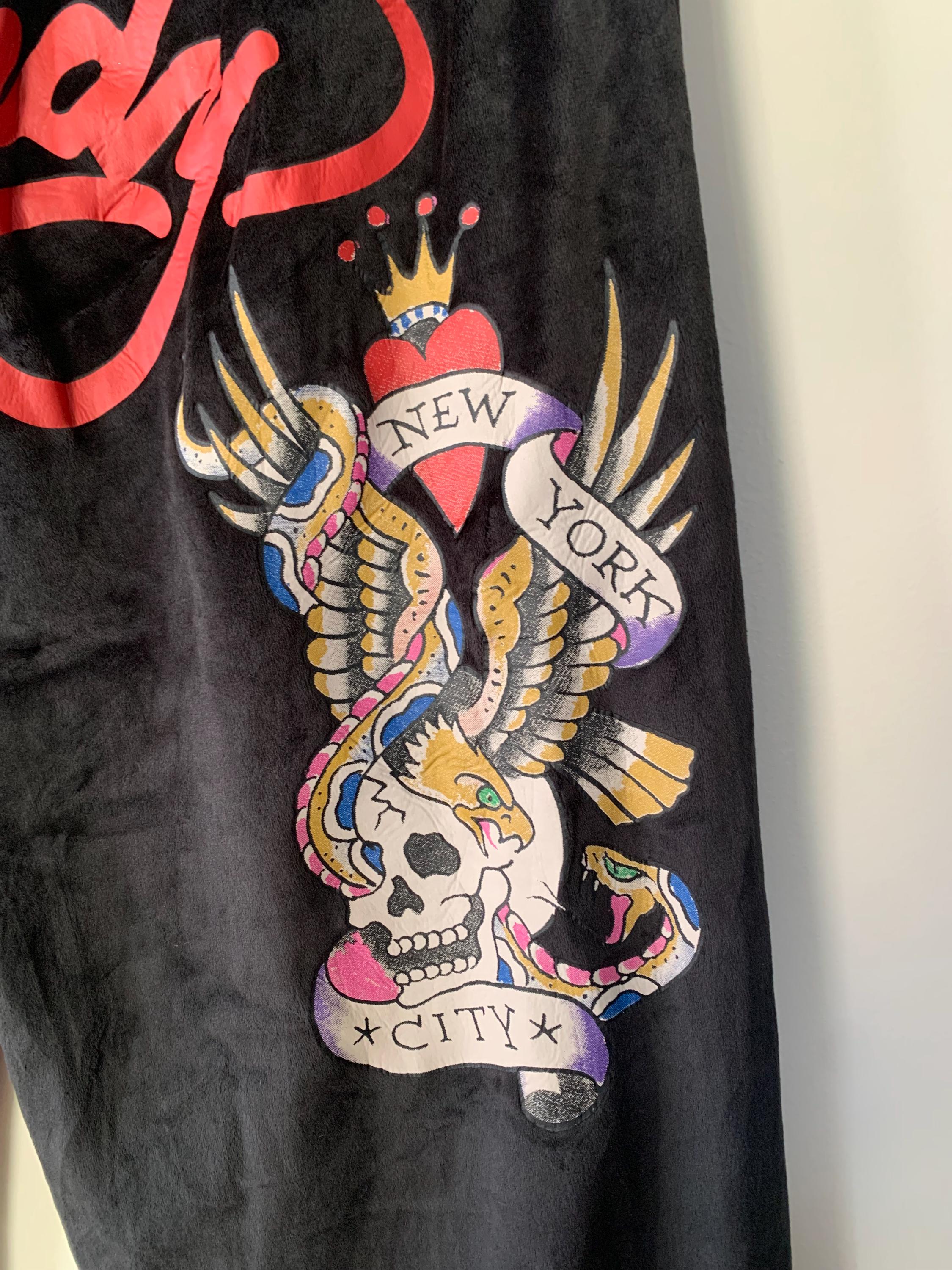 Ed Hardy Y2K ブラックベルベットフレアスウェットパンツ - スカル