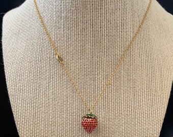 Rhinestone pave strawberry fruit pendant necklace with enameled leaves jewelry new without tags