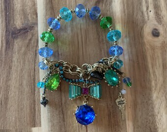 Betsey Johnson Vintage Charm Bracelet: Light Blue Bow, Key & Heart all item prices include US tariffs
