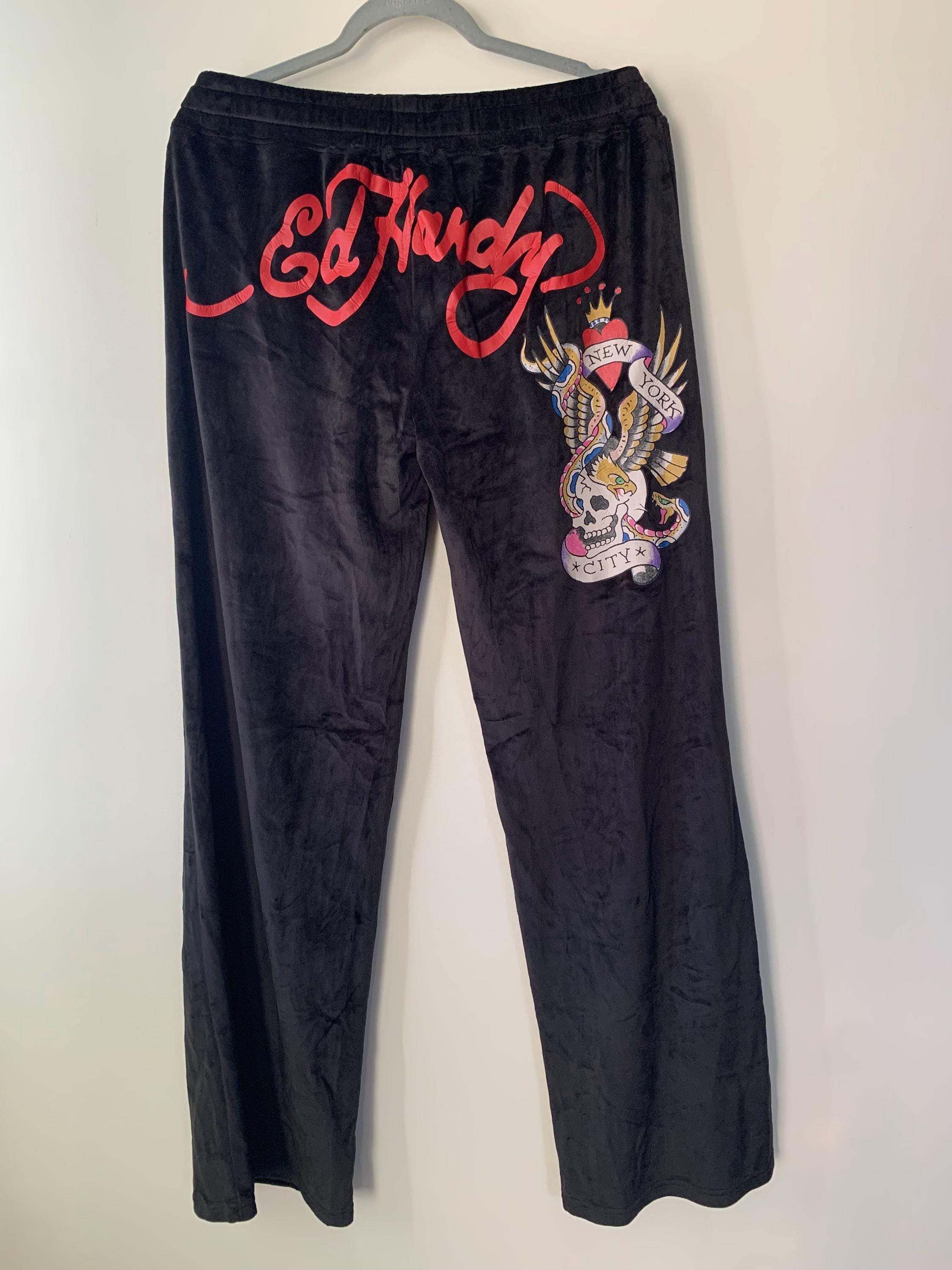 Ed Hardy Y2K Black Velvet Flared Sweatpants - Skull Tattoo (size L