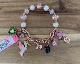 Betsey Johnson crane bird with cat charms bracelet jewelry NWT gift