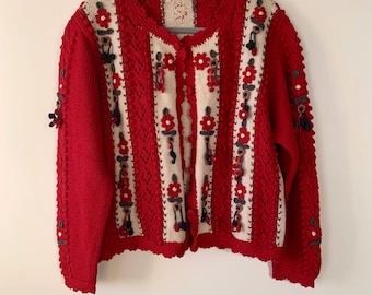 Hand Knit Vintage Wool Cardigan: Red 3D Flower Design NWOT All item prices include US tariffs