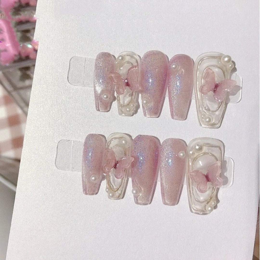 Pink Butterfly Press on Nails Glitter Fake Nails Women Bling - Etsy