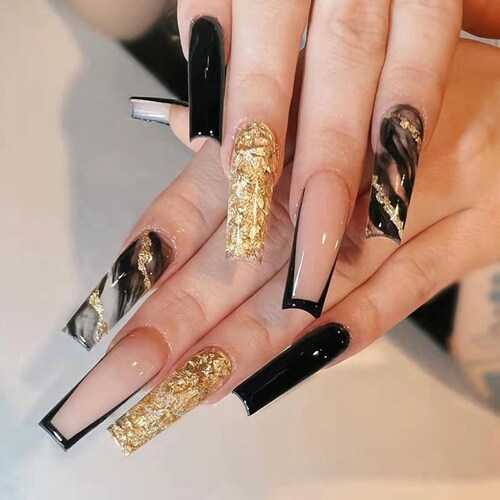 Black Gold Press on Nails Fake Nails With Designs Nail Art - Etsy Black Gold Press on Nails Fake Nails With Designs Nail Art - Etsy
