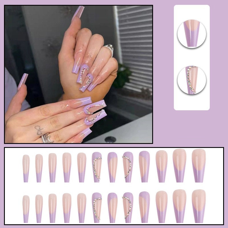 Diamond French Press on Nails Purple Love Fake Nails Glue on - Etsy