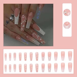 Pink Heart Press on Nails Gradient Long Fake Nails Glue on - Etsy