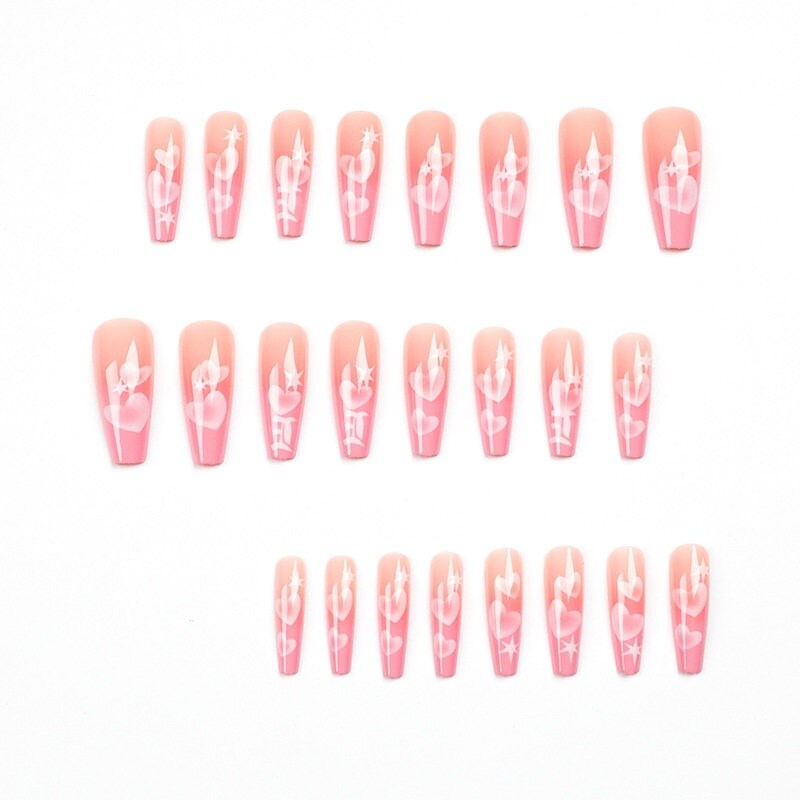 Pink Heart Press on Nails Gradient Long Fake Nails Glue on - Etsy