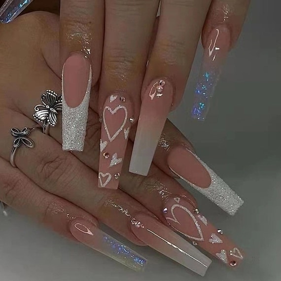 Pink Heart Press on Nails Gradient Long Fake Nails Glue on Etsy