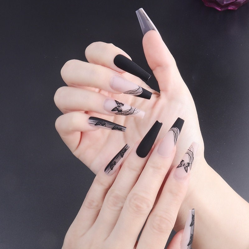 Black Butterfly Press On Nails Simple Line Fake Nails Coffin - Etsy España