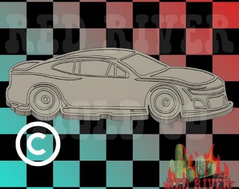 May include: A light gray car-shaped mold with detailed lines, set against a checkered background of black, teal, and red squares. The image includes the text "Red River Mold Co." and a copyright symbol.
