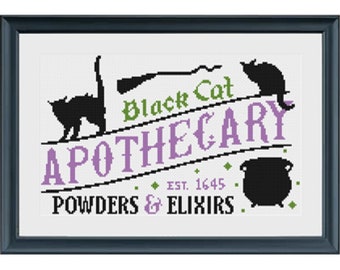 Black Cat Apothecary Halloween Cross Stitch Pattern PDF