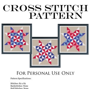 Red White and Blue Quilt Block Star - 3 versions Cross Stitch Pattern PDF