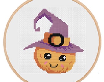 Cute Pumpkin Witch Halloween Cross Stitch Pattern PDF