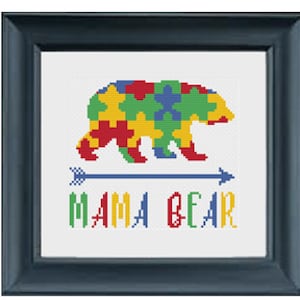 Autism Puzzle Mama Bear Cross Stitch Pattern PDF
