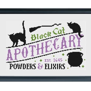 Black Cat Apothecary Halloween Cross Stitch Pattern PDF