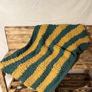 Hand Knit Green and Yellow Striped Blanket - Cozy and Stylish Home Decor