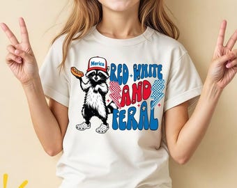 T-shirt rouge, blanc et sauvage de | Chemise d'été patriotique drôle Merica Trash Panda Hot Dog USA 4 juillet fête de l'indépendance cadeau de cuisine haut de gamme amusant