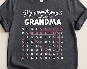 Camiseta personalizada con sopa de letras para la abuela, nombres personalizados de los nietos, regalo del Día de la Madre, camiseta de cumpleaños para la abuela, regalo único de Navidad para la abuela.