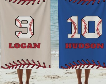 Personalized Baseball Beach Towel Custom Name Number | Youth Baseball Team Gift | Pool Towel Sports Blanket Summer Vacation Player Coach Fun