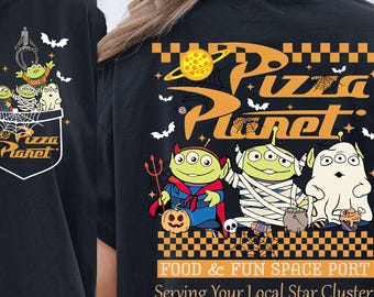 Toy Story Halloween Shirt Women | Little Green Aliens Pizza Planet Tee | Ghost Mummy Devil Retro Vintage Front Back Print Funny Gift Tshirts