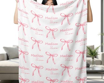 Personalized Pink Bow Blanket Custom Name | Coquette Gift for Girls | Birthday Mother's Day Throw Soft Cozy Fleece Bed Wrap Present Unique