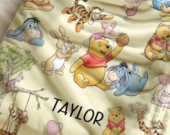 Customized Winnie The Pooh Bear Friends Blanket Name, Personalized Fleece Throw Eeyore Tigger Piglet Rabbit Baby Shower Disney Toddler Gifts