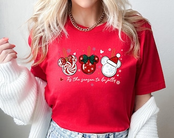 Tis The Season To Be Jolly T-shirt, Mickey Ornament Xmas Tee, Peppermint Minnie Bow Shirt, Disney Holiday Style Outfit, Gift For Women