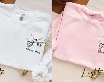 Custom Name Holding Hands Sweatshirt, Pinky Promise Couple Hoodie, Valentine's Day Outfit, Heart Pocket Art, Romantic Anniversary Gift
