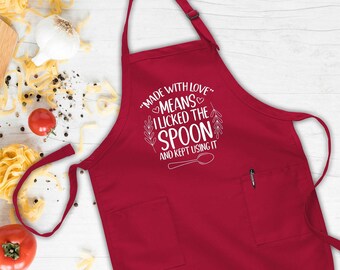 Delantal de cocina bonito, delantal con frases divertidas, delantal con frase "Lamí la cuchara", delantal para repostería, regalo para mamá, regalo para mujer, regalo para hija, delantal de panadería