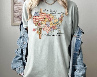 Camiseta "Ella ama a Jesús y a Estados Unidos también", Camiseta "Tierra de la Libertad", Camiseta "4 de Julio", Camiseta "Dios bendiga a Estados Unidos", Camiseta "Mapa de EE. UU.", Camiseta cristiana