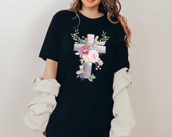 Flower Faith Cross Shirt, Jesus Shirt, For Christian, Floral Christian Shirts For Women, Faith Shirt For Her, Cute Religious Shirt,Christian