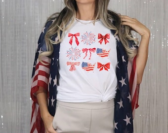 American Flag Map Shirt, Coquette Bow Tee, Red Ribbon Shirt, July 4th Tee, American Girl Tee, American Mom Tee, Patriotic Lady Tee, USA Tee