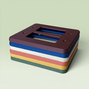 May include: A stack of five rectangular light switch wall plates with rounded corners and four screw holes. The plates are colored dark brown, blue, white, coral, and green, each featuring a textured surface finish and a central rectangular cutout.