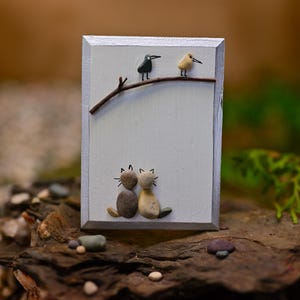 Pebble Art Magnet: Cats & Birds, Handmade Michigan Decor