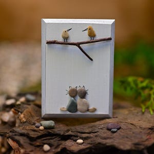 Pebble Art Magnet: Cats & Birds, Handmade Nature Decor