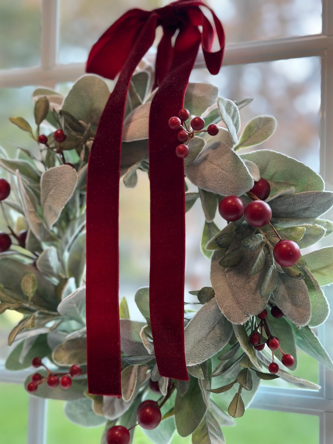 Lambs Ear Christmas Wreath | Red Berry & Velvet Ribbon Holiday Decor - Etsy