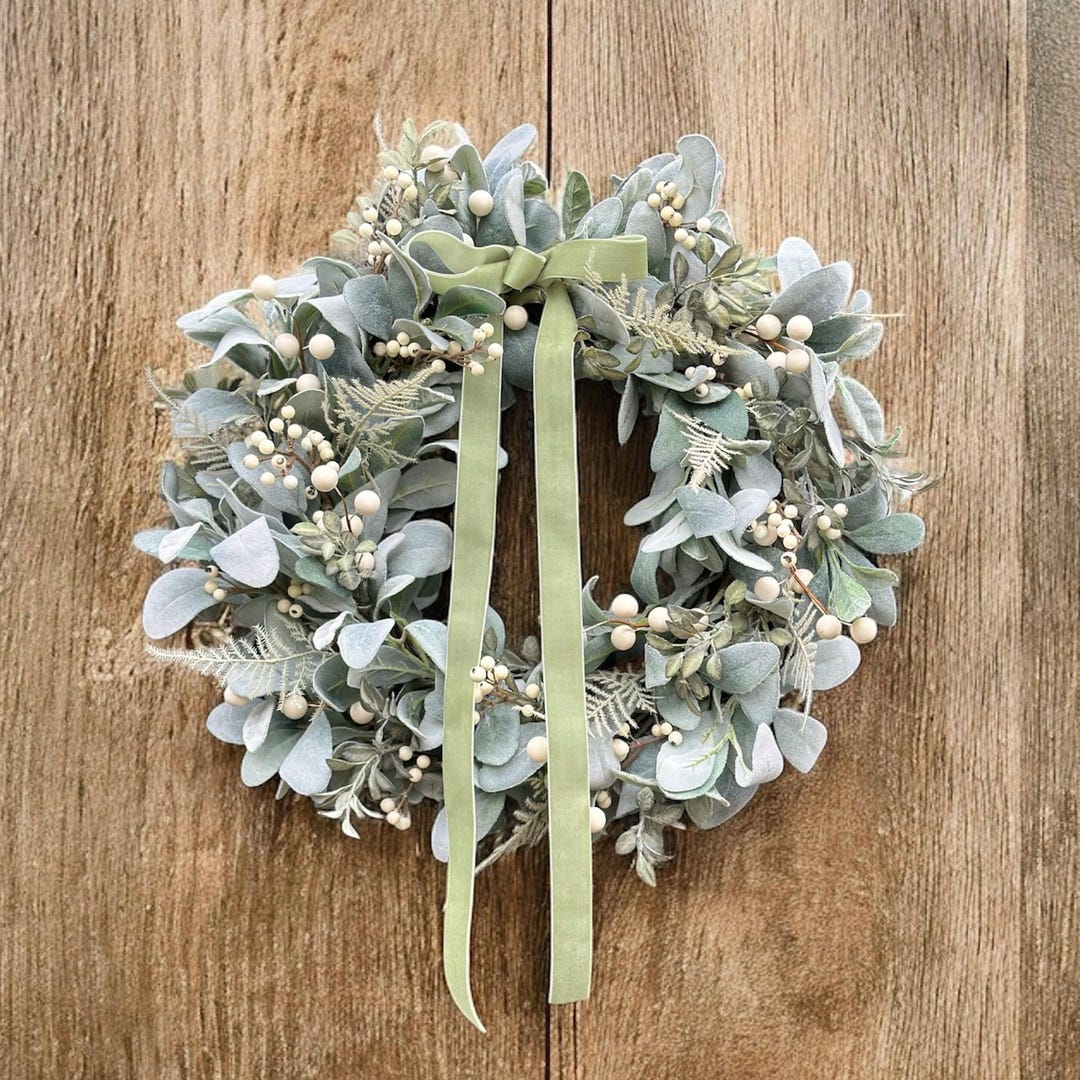 Lambs Ear Wreath | White Berries & Sage Velvet Ribbon, Neutral Decor - Etsy