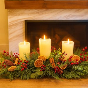 Faux Norfolk Pine Christmas Centerpiece, Juniper Berries, Dried Oranges