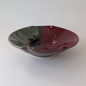Ken Follette Studio Pottery Bowl, Green and Maroon, Abstract Floral Design
