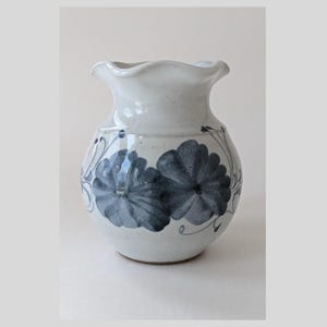 Speckled Glaze Vase Blue Floral Design Fluted Scalloped Rim, Studio Pottery