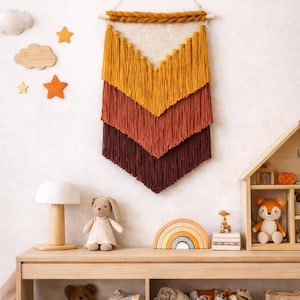 Handmade Macrame Wall Hanging Set – Boho Orange, Red & Burgundy Layered Fiber Art Decor