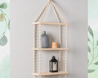 Boho Macrame Hanging Shelves – Natural Wood Display Rack