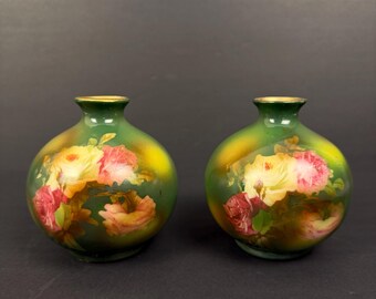 Pair Antique Hand Painted Cabbage Rose Porcelain Bud Vases 3.75” Miniature