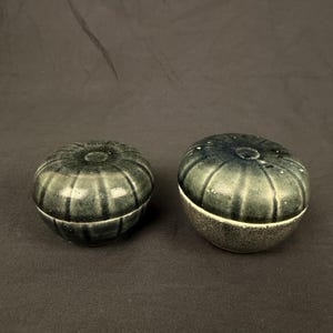 Peut inclure: Deux récipients ronds en céramique avec couvercle et glaçure nervurée vert foncé. Le récipient de gauche est entièrement émaillé en vert foncé, tandis que celui de droite présente un couvercle nervuré vert foncé sur une base grise mouchetée.