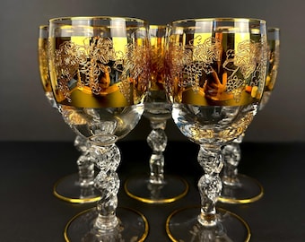 Copas de vino de cristal doradas con tallo retorcido de vid, estilo vintage italiano, de 6 pulgadas, sin daños, juego de 5