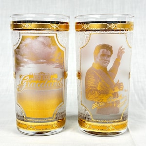 Vintage Elvis Presley Glasses, Graceland Souvenir, Culver 22K Gold Highball Cocktail Glass Set, Hollywood Regency, Kitschy Novelty Barware