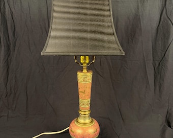 Vintage Indian Etched Brass and Pink Enamel Table Lamp Hand-Engraved Jungle Motif with Tiger & Deer Mid-Century Boho Decor