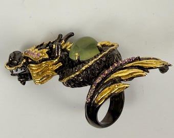 Vintage 925 Silver Prehnite & Pink Sapphire Dragon Ring (Size 8, 26g)