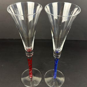 Hand Blown Glass Champagne Flutes with Twisted Stems, Set of 2 in Red and Blue